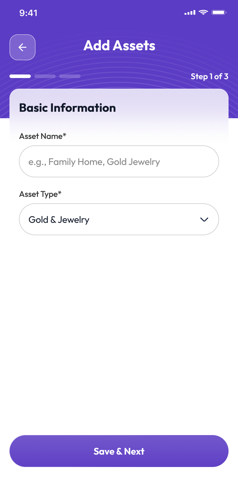 DIGIVIRASAT Add Asset screen showing asset category selection