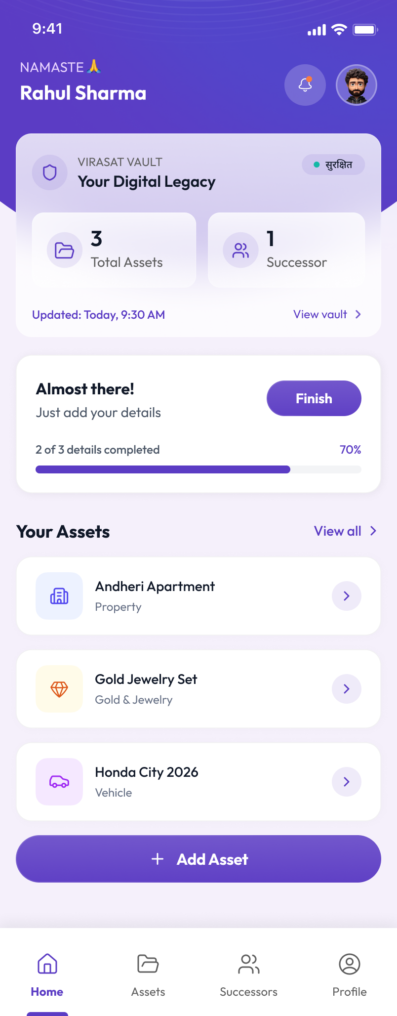 DIGIVIRASAT dashboard showing the Virasat vault, total assets and successors